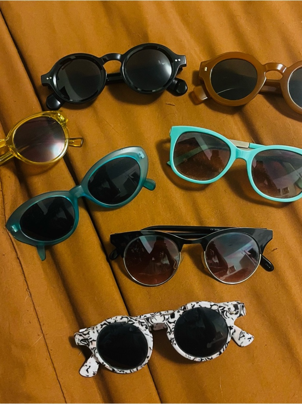 Vintage-Inspired Sunglasses Lot(7)Black, Brown, Teal, Aqua, Yellow, White Marble
